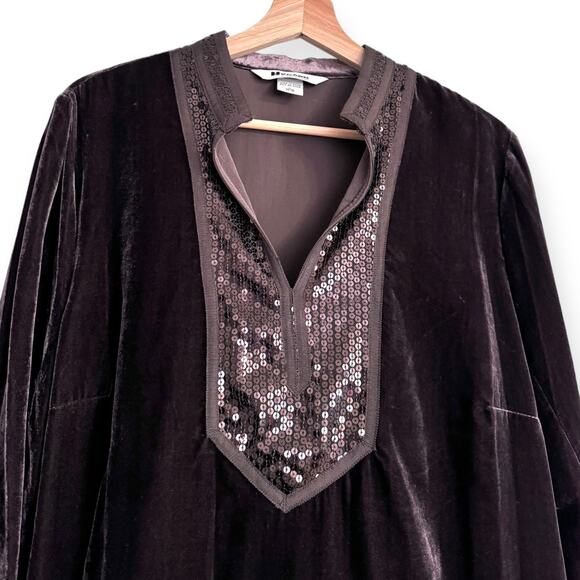 Nygard Collection Brown Velvet Velour Split Collar Sequin Trim Tunic Womens 14 - Picture 3 of 9